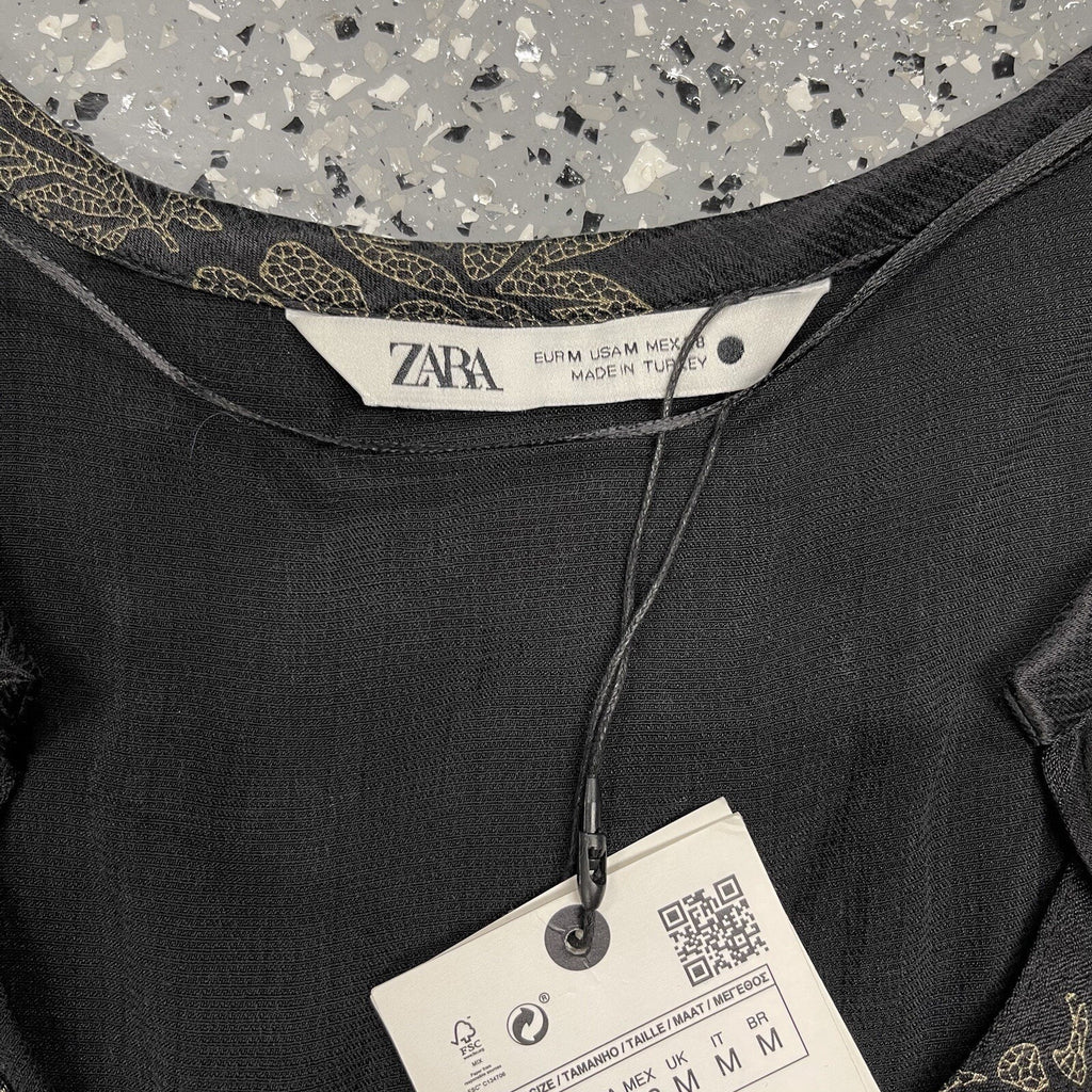 Zara Flowy Top Blouse Cupro Floral Print Black Matte Shiny Medium NWT