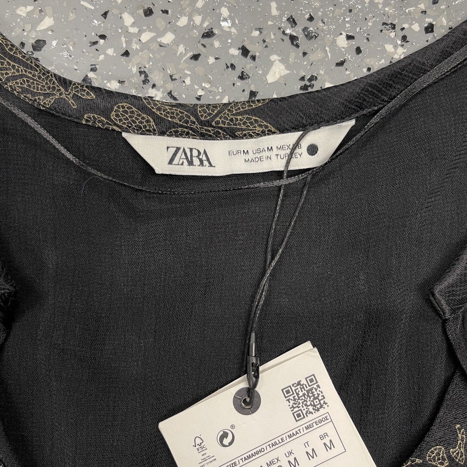 Zara Flowy Top Blouse Cupro Floral Print Black Matte Shiny Medium NWT