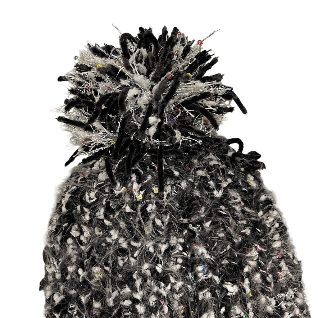Betsey Johnson Pom Pom Hat Knit Black White Chenille