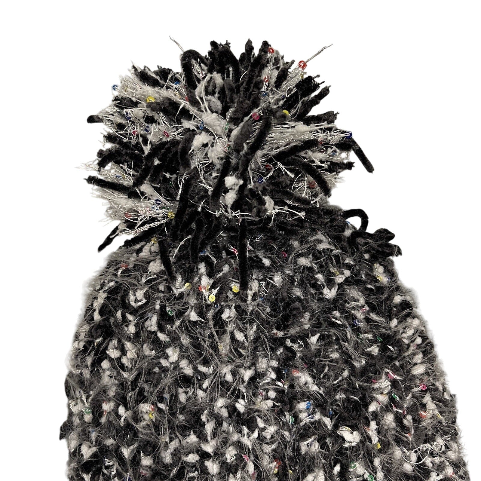 Betsey Johnson Pom Pom Hat Knit Black White Chenille