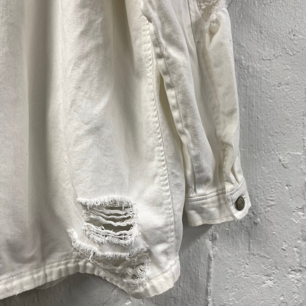 Distressed White Jean Jacket Shirt Divided by H&M Large Chore Work