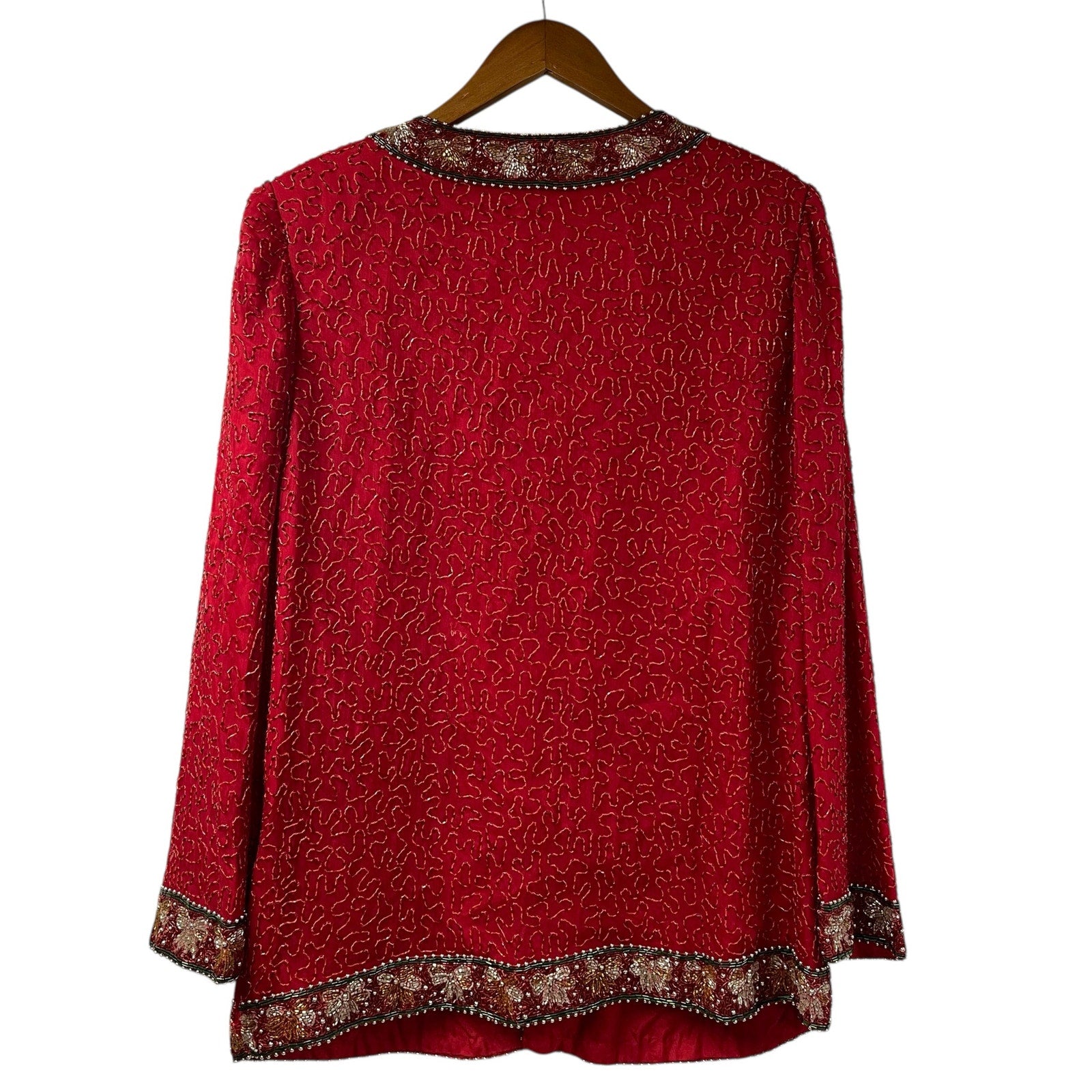 Laurence Kazar New York Red Beaded Jacket Christmas Bows 1X Silk
