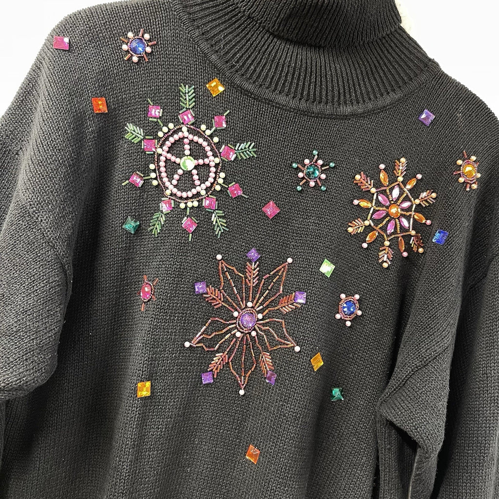 Not So Ugly Christmas Sweater Beaded Snowflakes Turtleneck Black Knit Vintage M