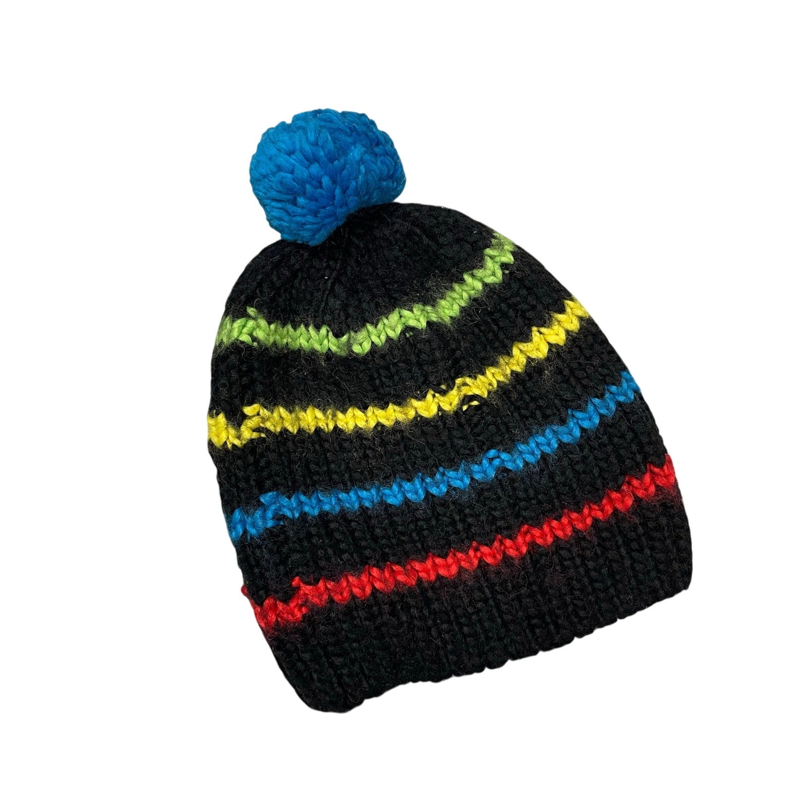 Bula Hat Pom Pom Black Striped Plush Knit Soft