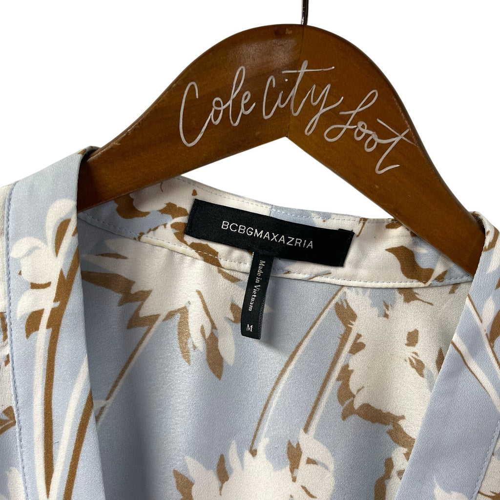 BCBG MaxAzaria Blue Wrap Top Floral Medium Long Sleeve