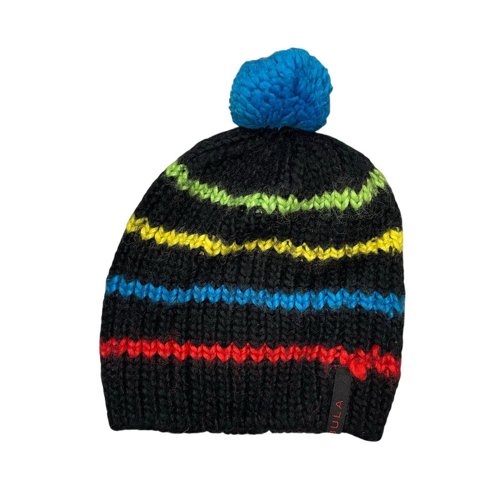 Bula Hat Pom Pom Black Striped Plush Knit Soft