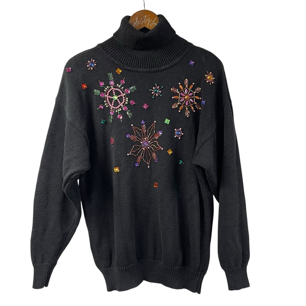 Not So Ugly Christmas Sweater Beaded Snowflakes Turtleneck Black Knit Vintage M