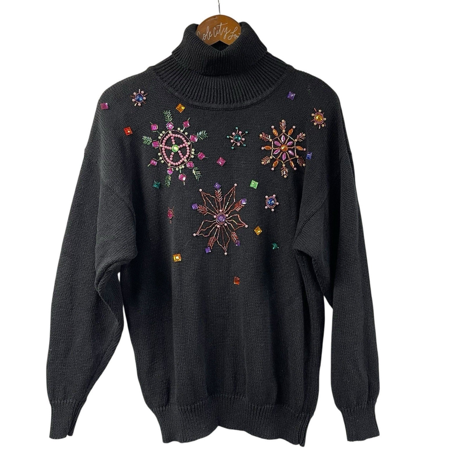 Not So Ugly Christmas Sweater Beaded Snowflakes Turtleneck Black Knit Vintage M
