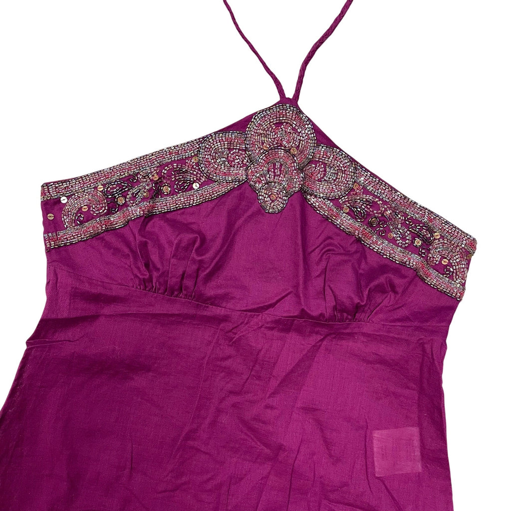 bebe beaded going out top halter purple handkerchief hem small vintage