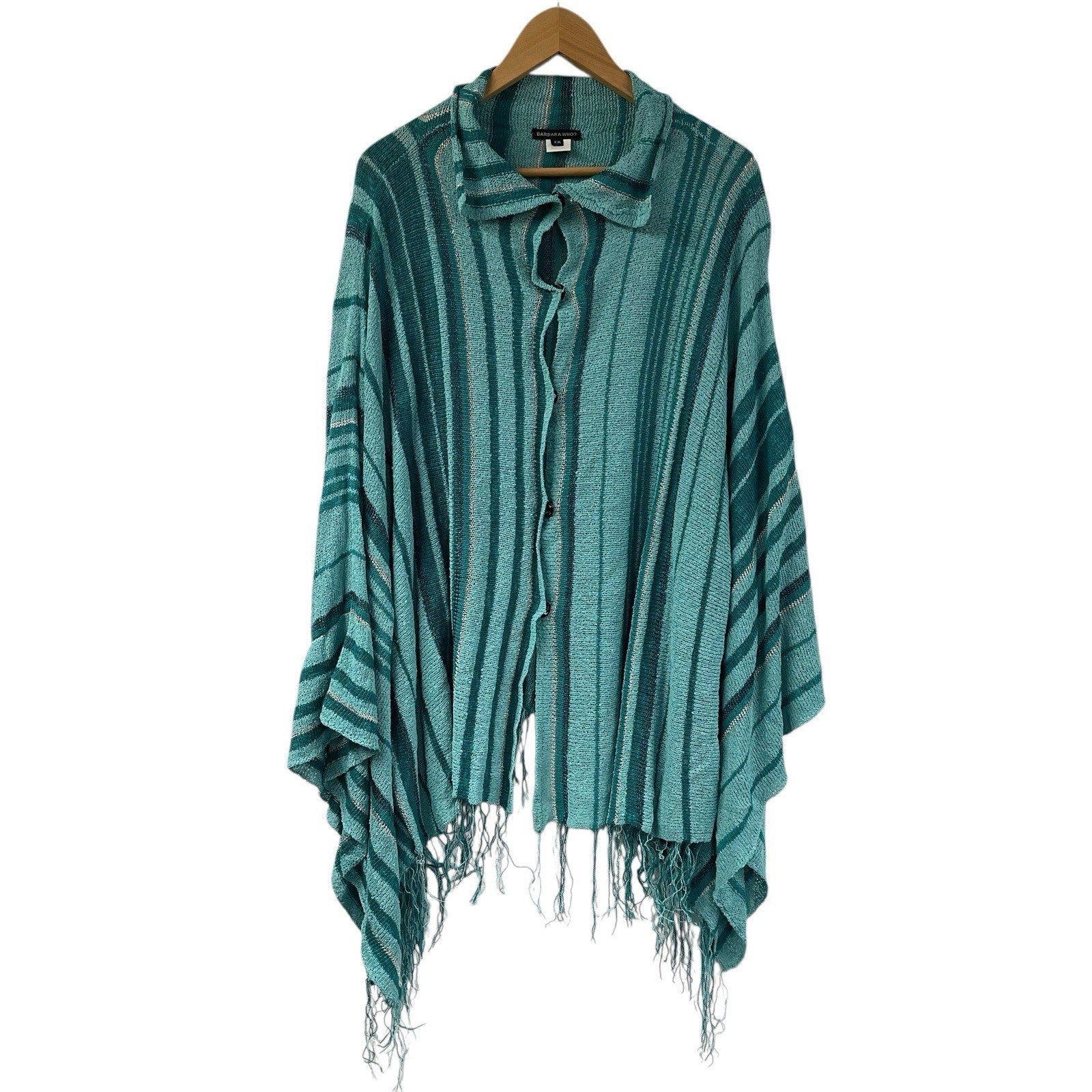 Knit Striped Blue Poncho OS Barbara Who? Fringe Lagenlook