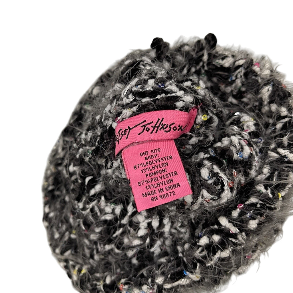 Betsey Johnson Pom Pom Hat Knit Black White Chenille