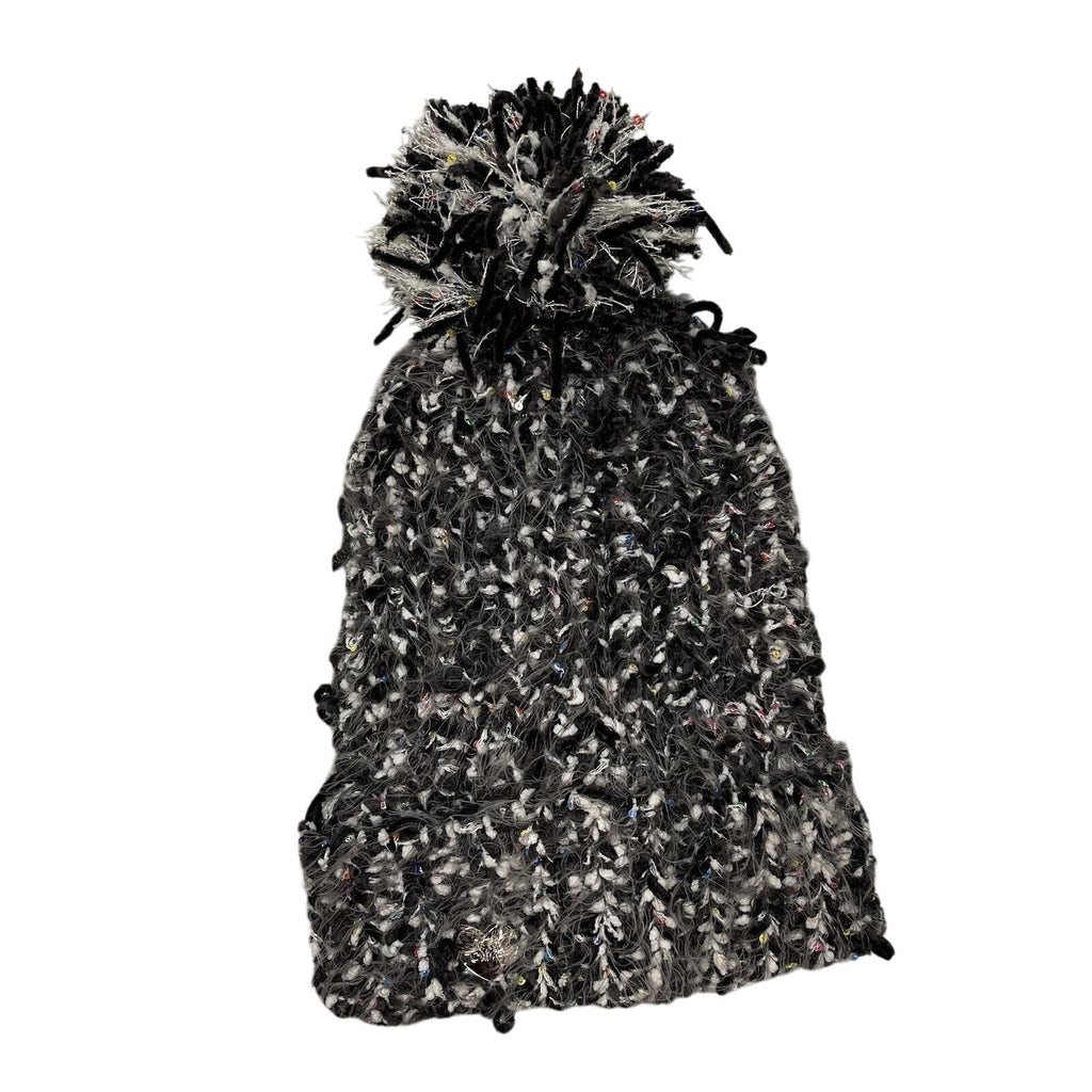 Betsey Johnson Pom Pom Hat Knit Black White Chenille