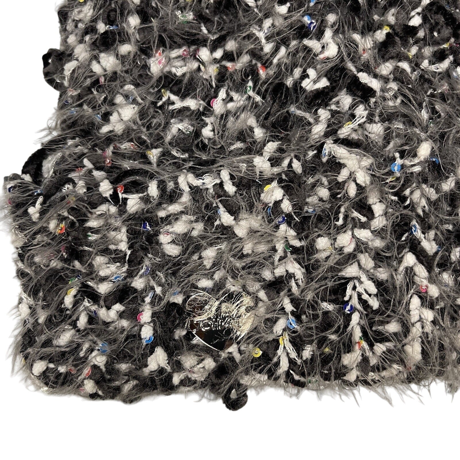 Betsey Johnson Pom Pom Hat Knit Black White Chenille