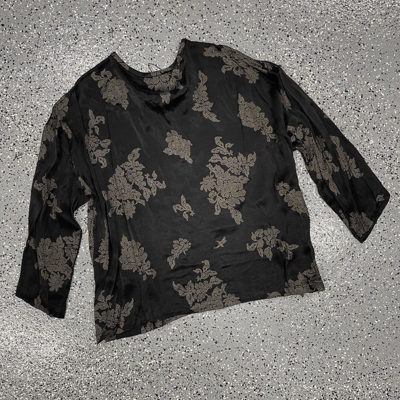 Zara Flowy Top Blouse Cupro Floral Print Black Matte Shiny Medium NWT