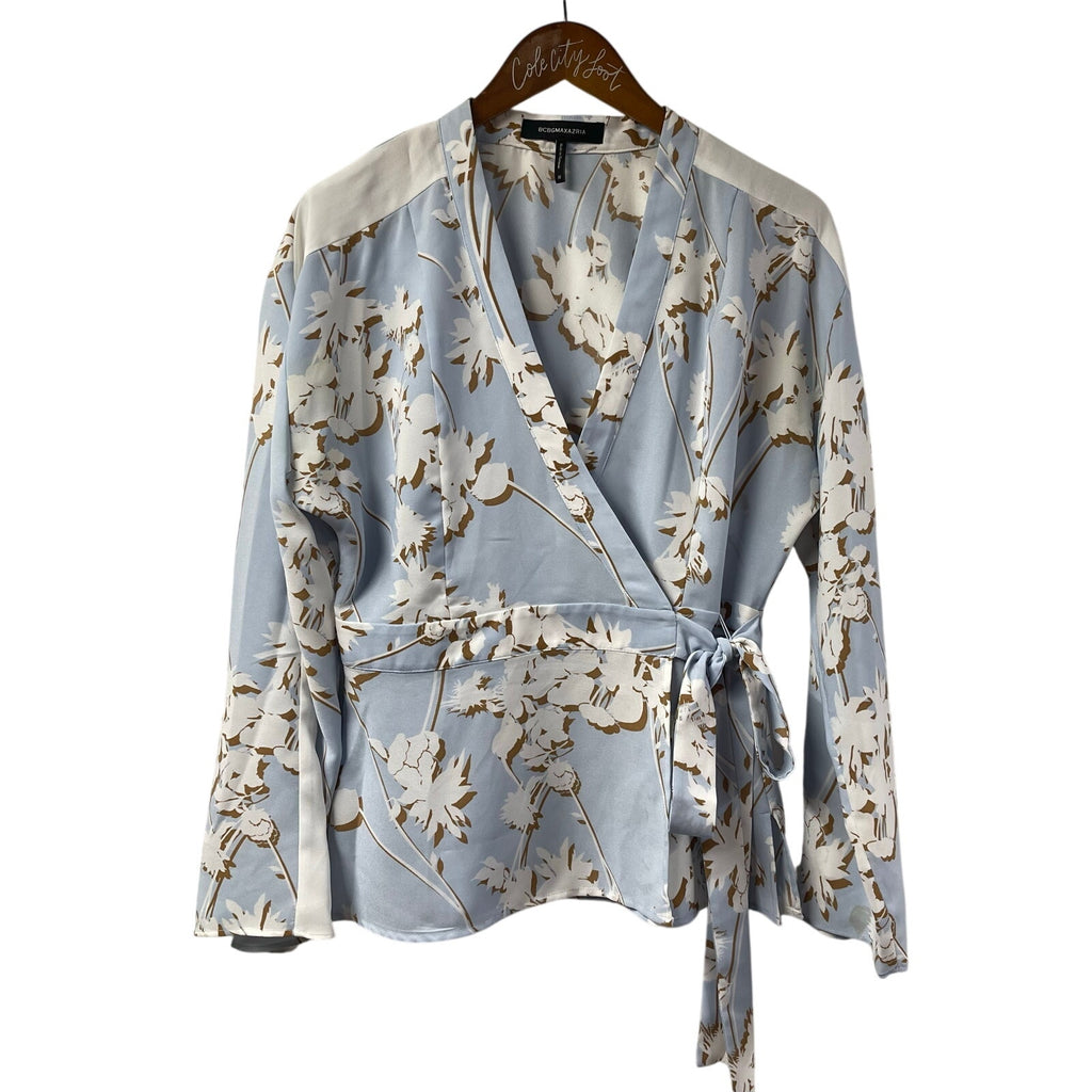 BCBG MaxAzaria Blue Wrap Top Floral Medium Long Sleeve