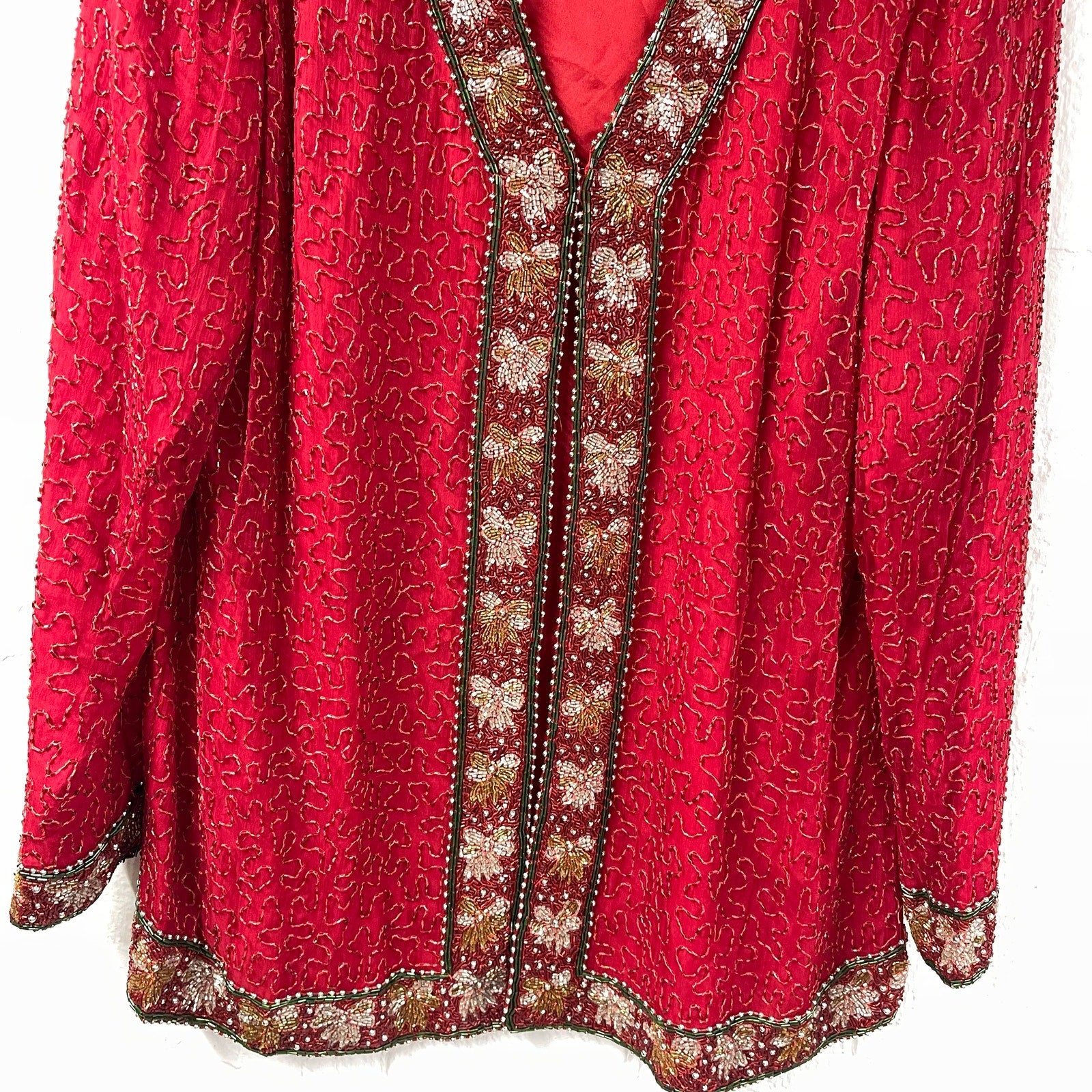 Laurence Kazar New York Red Beaded Jacket Christmas Bows 1X Silk