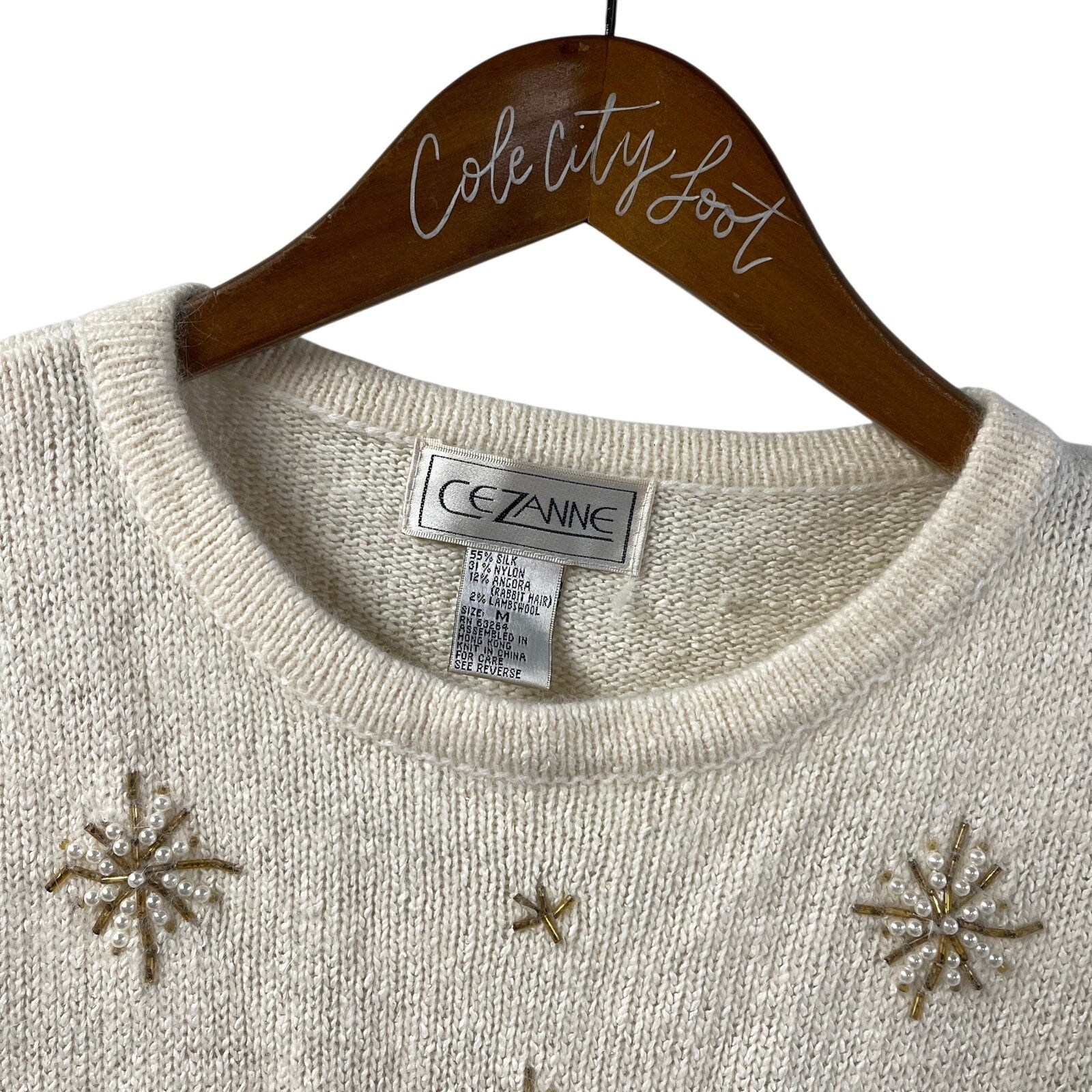 Not So Ugly Christmas Sweater Ivory Gold Beaded Snowflakes Vintage