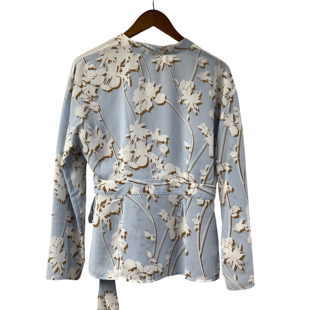 BCBG MaxAzaria Blue Wrap Top Floral Medium Long Sleeve
