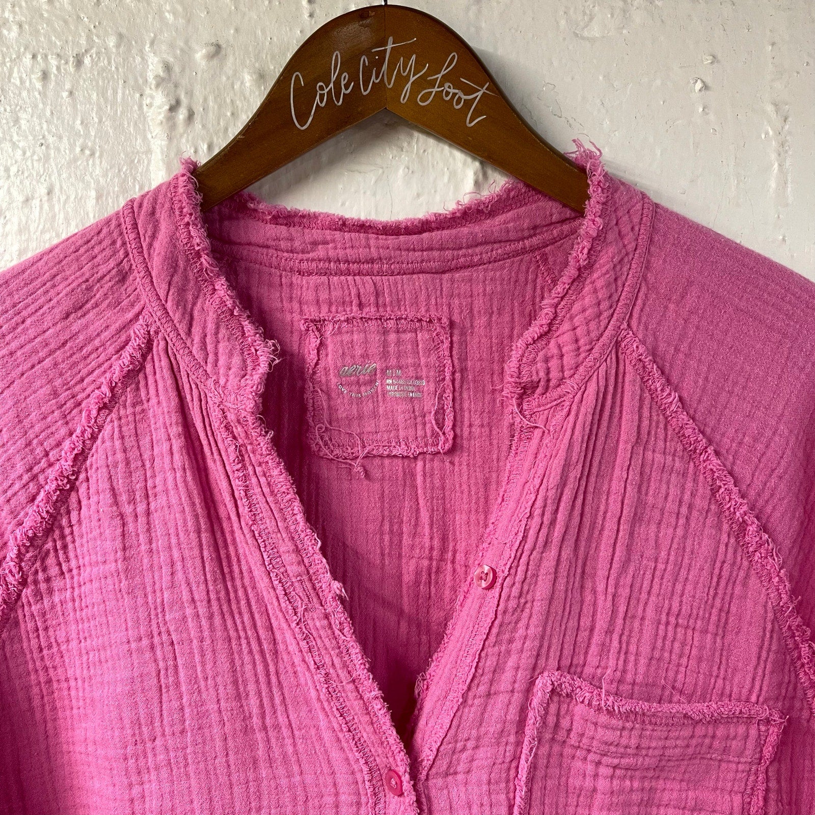 Aerie Gauzy Pink Oversized Shirt Medium Raw Hem