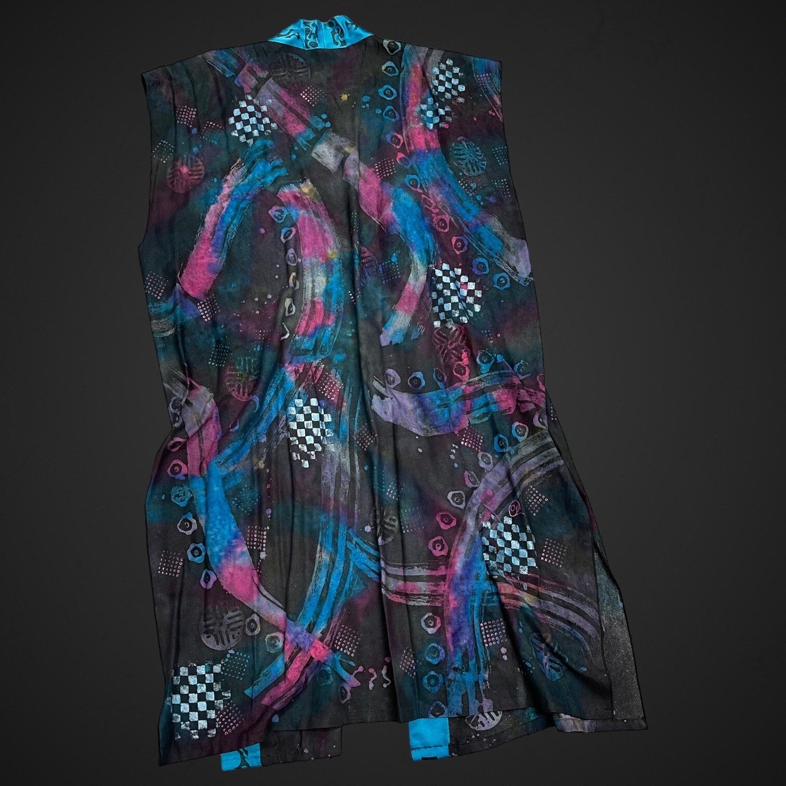 One Of A Kind Hand Painted Maxi Vest Duster Kimono Style Colorful Art To Wear