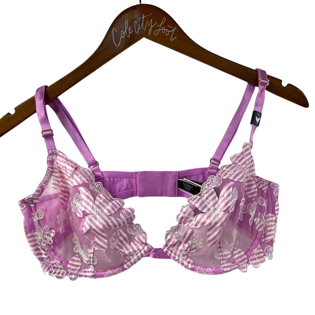Victorias Secret Bra Purple Floral Appliqué Low Cut Demi 36C NWT