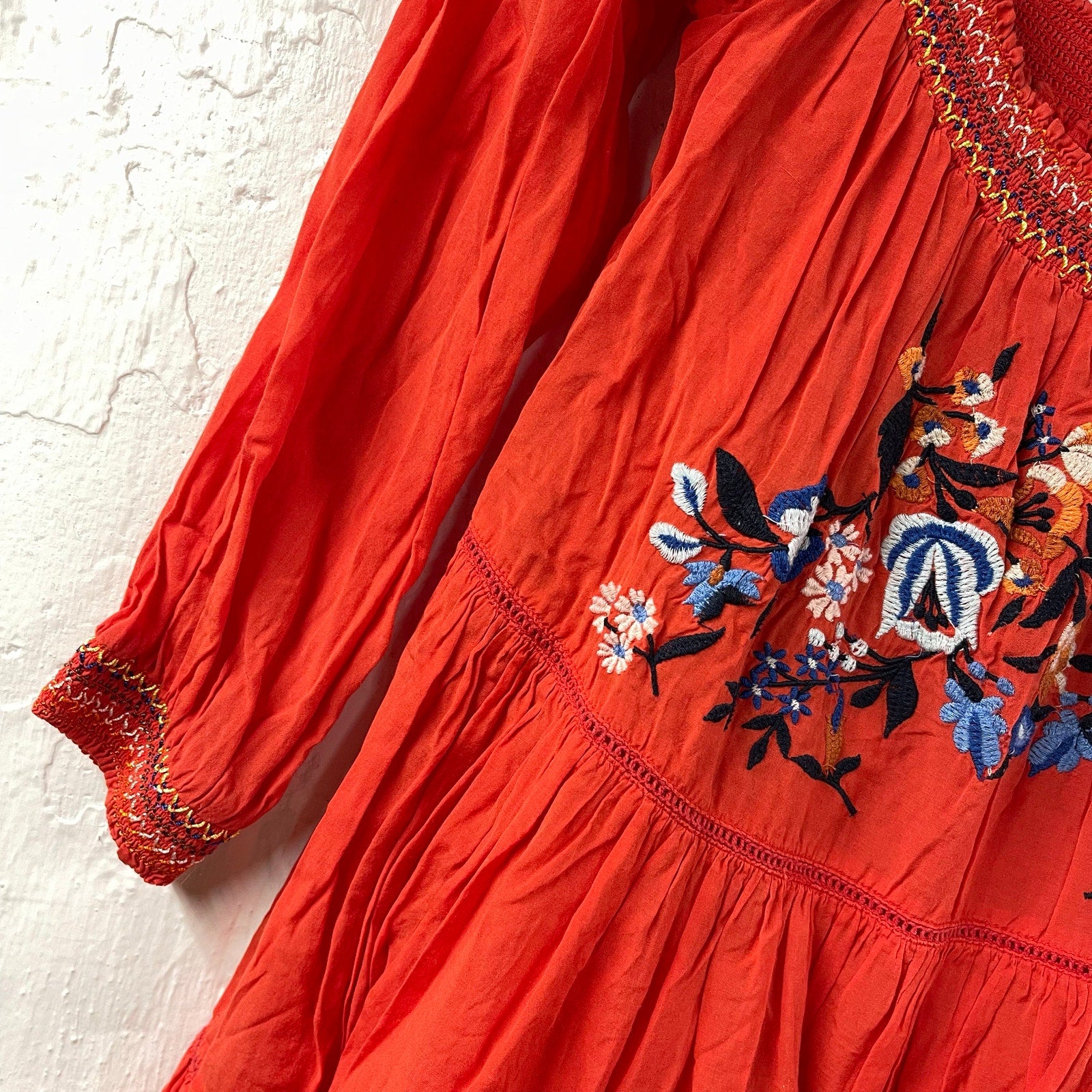 Free People Embroidered Mini Dress Peasant Red Small