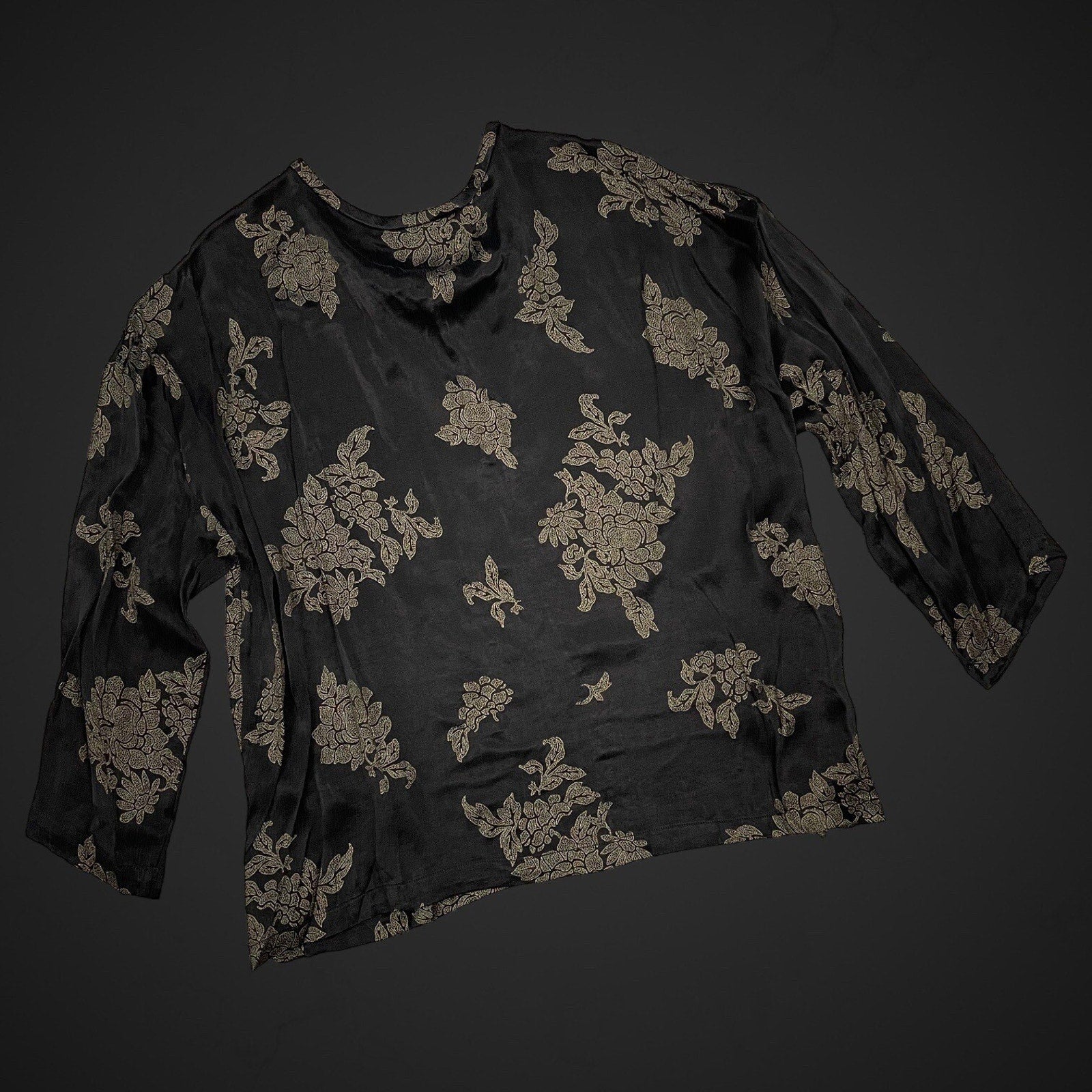 Zara Flowy Top Blouse Cupro Floral Print Black Matte Shiny Medium NWT