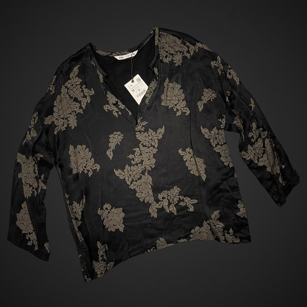 Zara Flowy Top Blouse Cupro Floral Print Black Matte Shiny Medium NWT