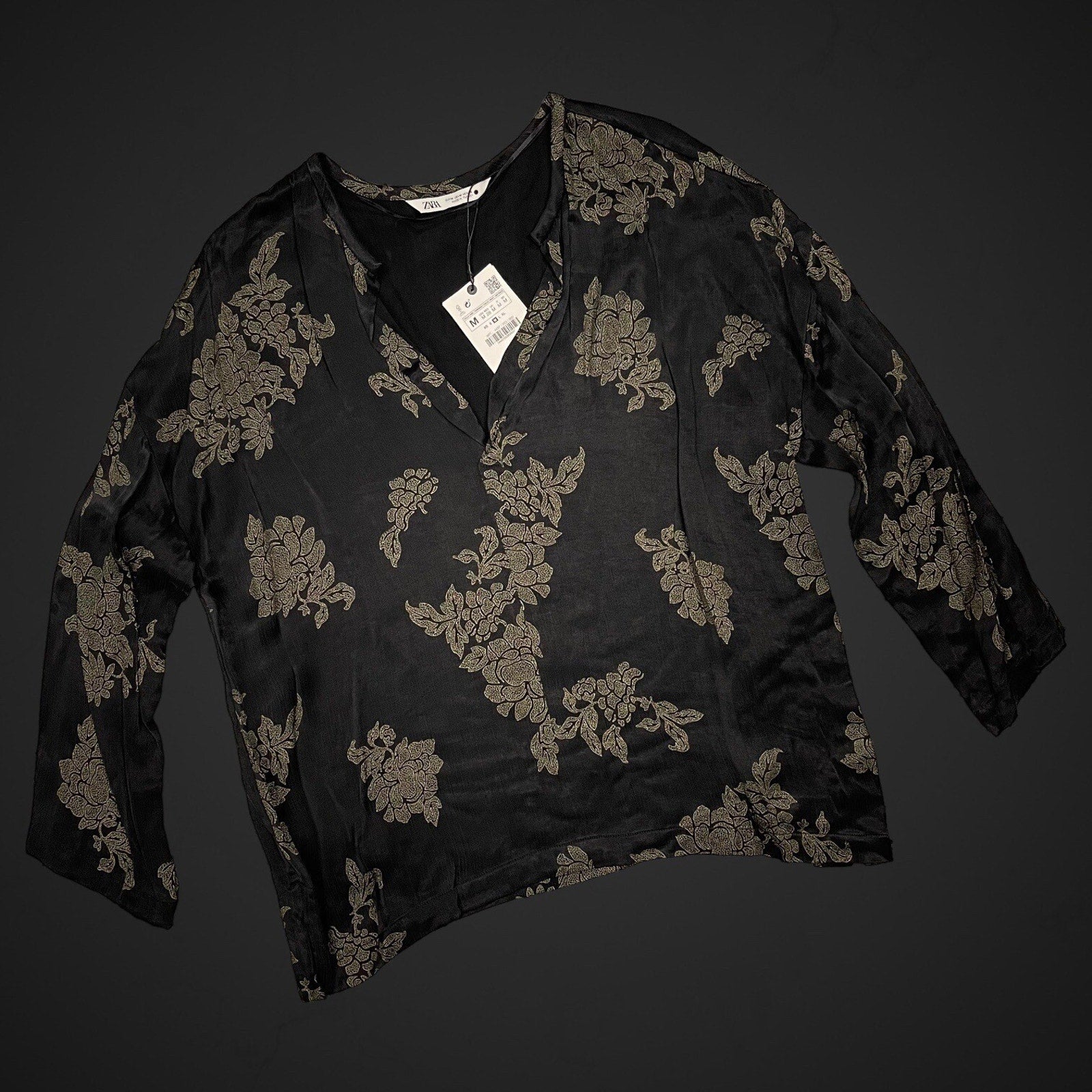 Zara Flowy Top Blouse Cupro Floral Print Black Matte Shiny Medium NWT