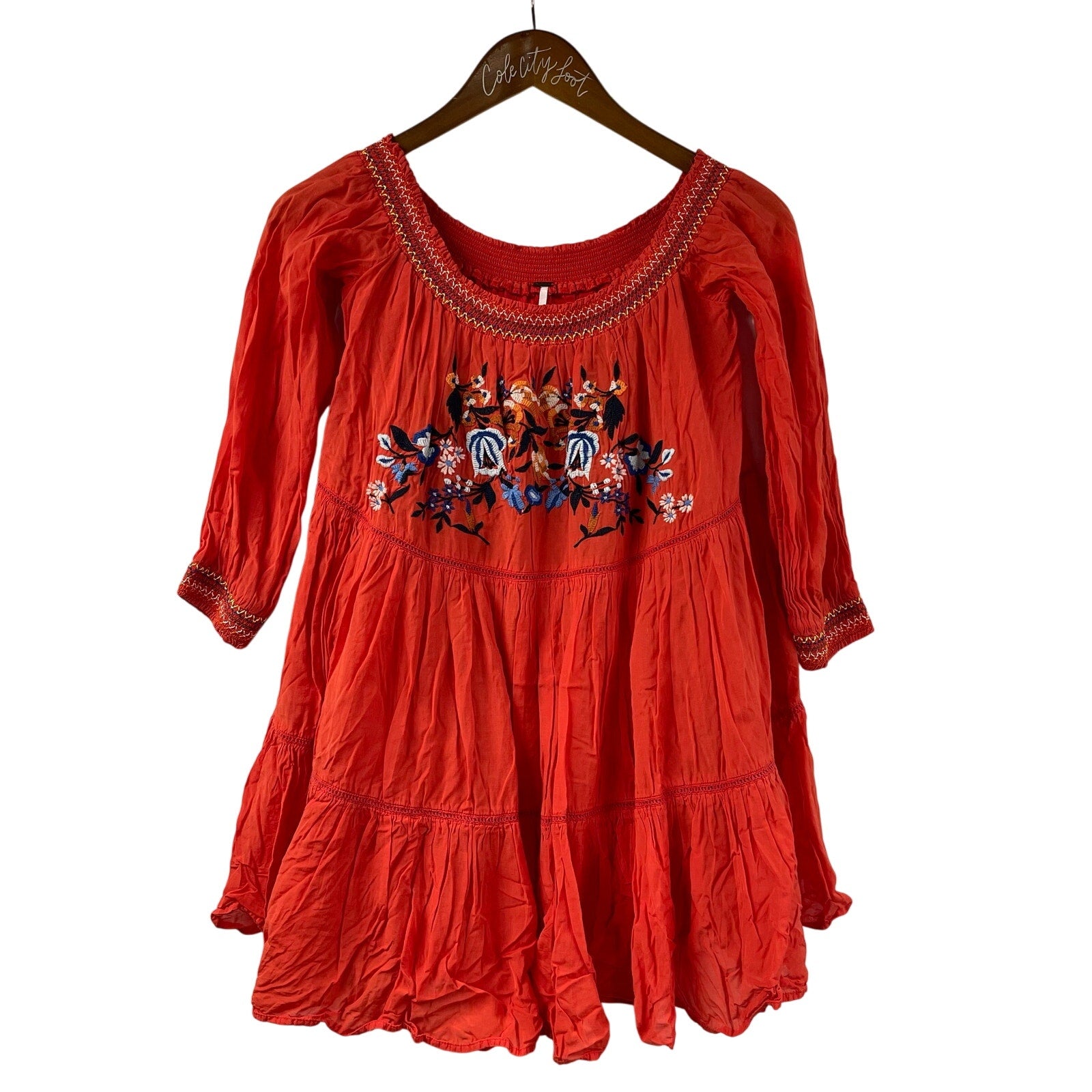 Free People Embroidered Mini Dress Peasant Red Small