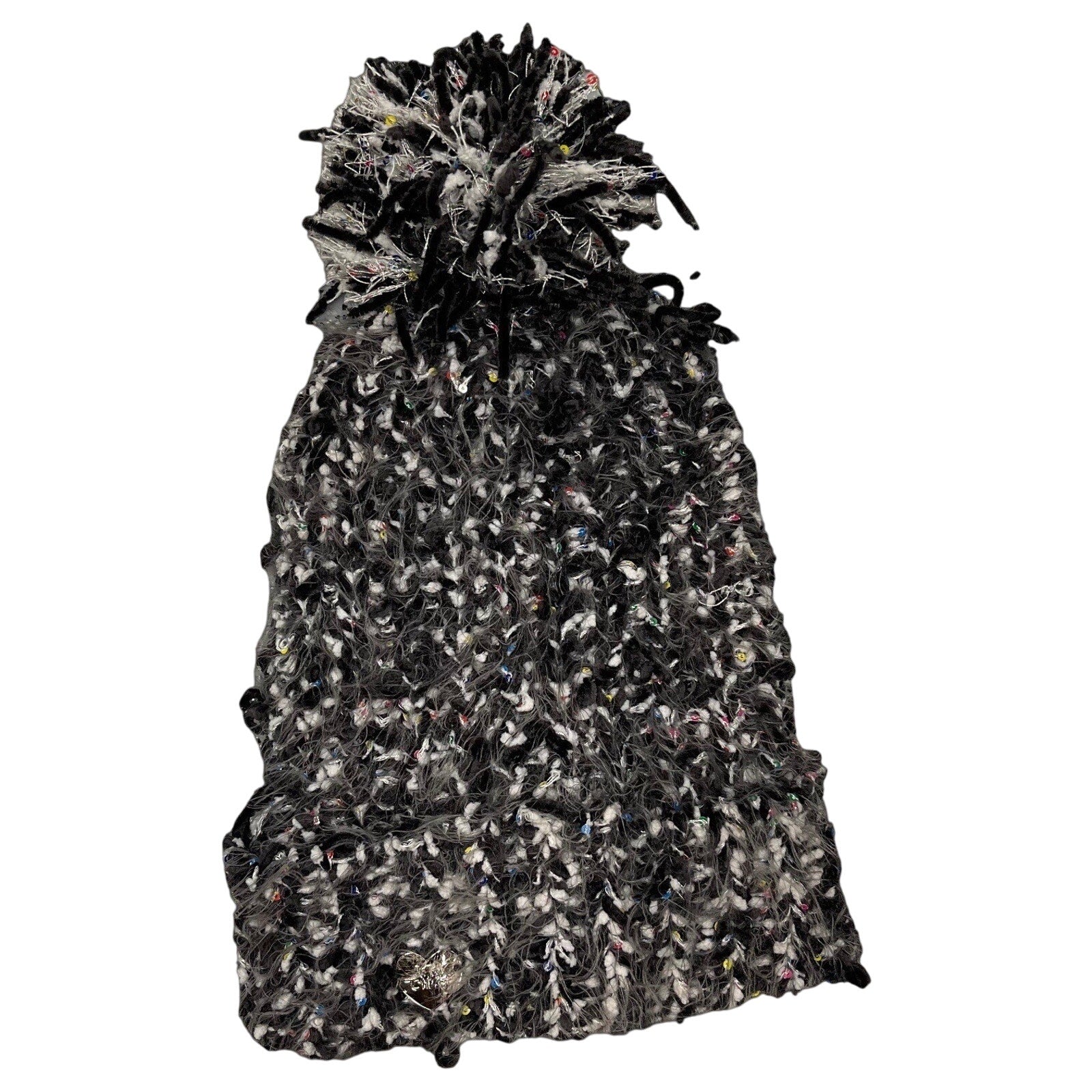 Betsey Johnson Pom Pom Hat Knit Black White Chenille