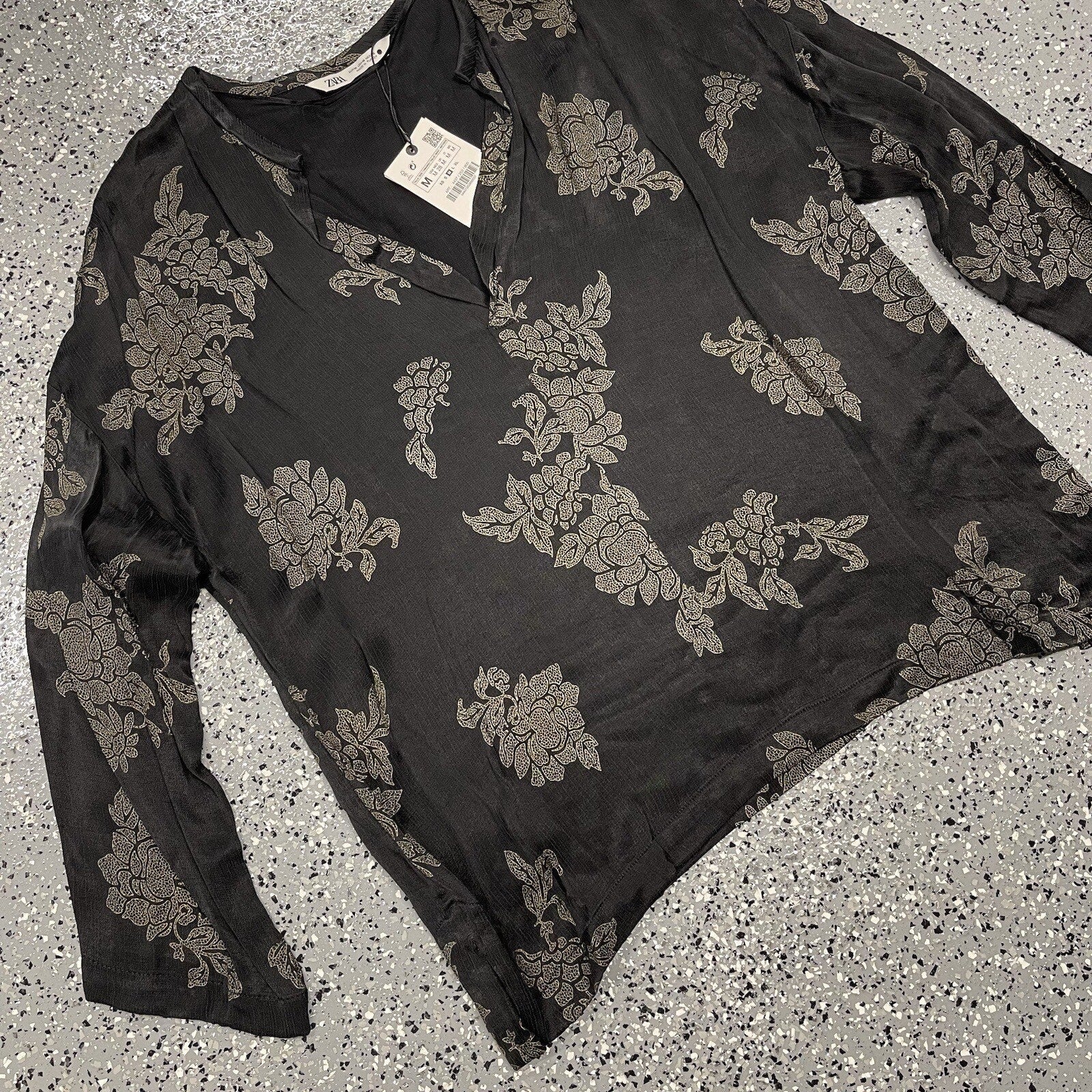 Zara Flowy Top Blouse Cupro Floral Print Black Matte Shiny Medium NWT