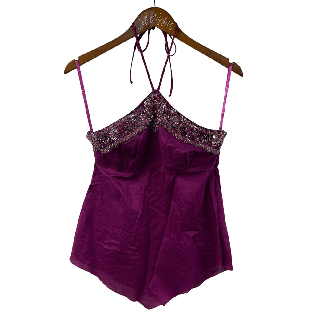 bebe beaded going out top halter purple handkerchief hem small vintage