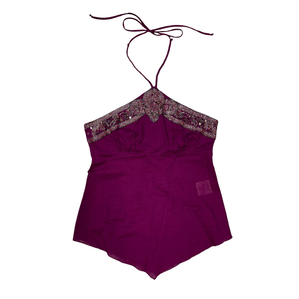bebe beaded going out top halter purple handkerchief hem small vintage