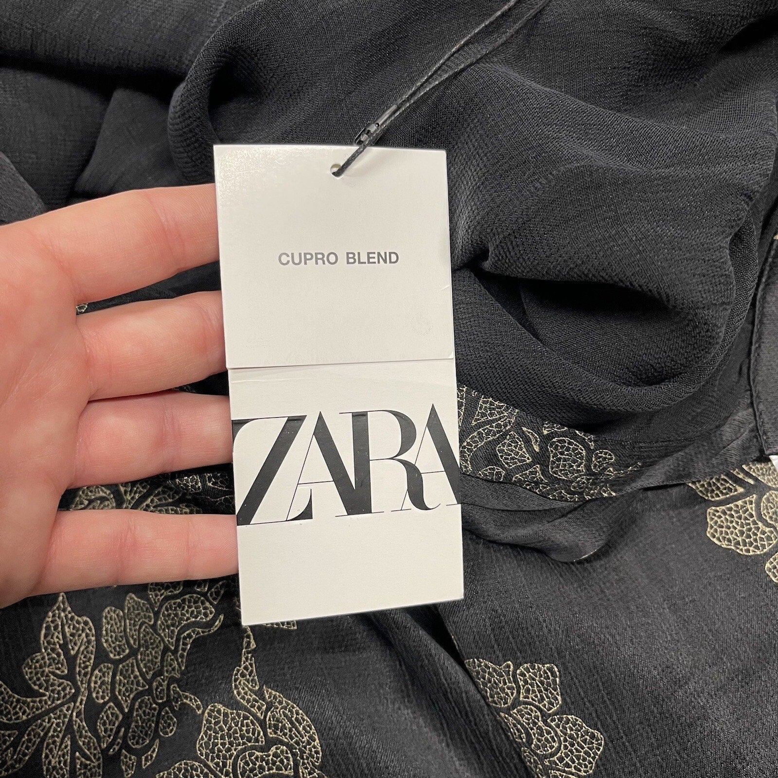 Zara Flowy Top Blouse Cupro Floral Print Black Matte Shiny Medium NWT