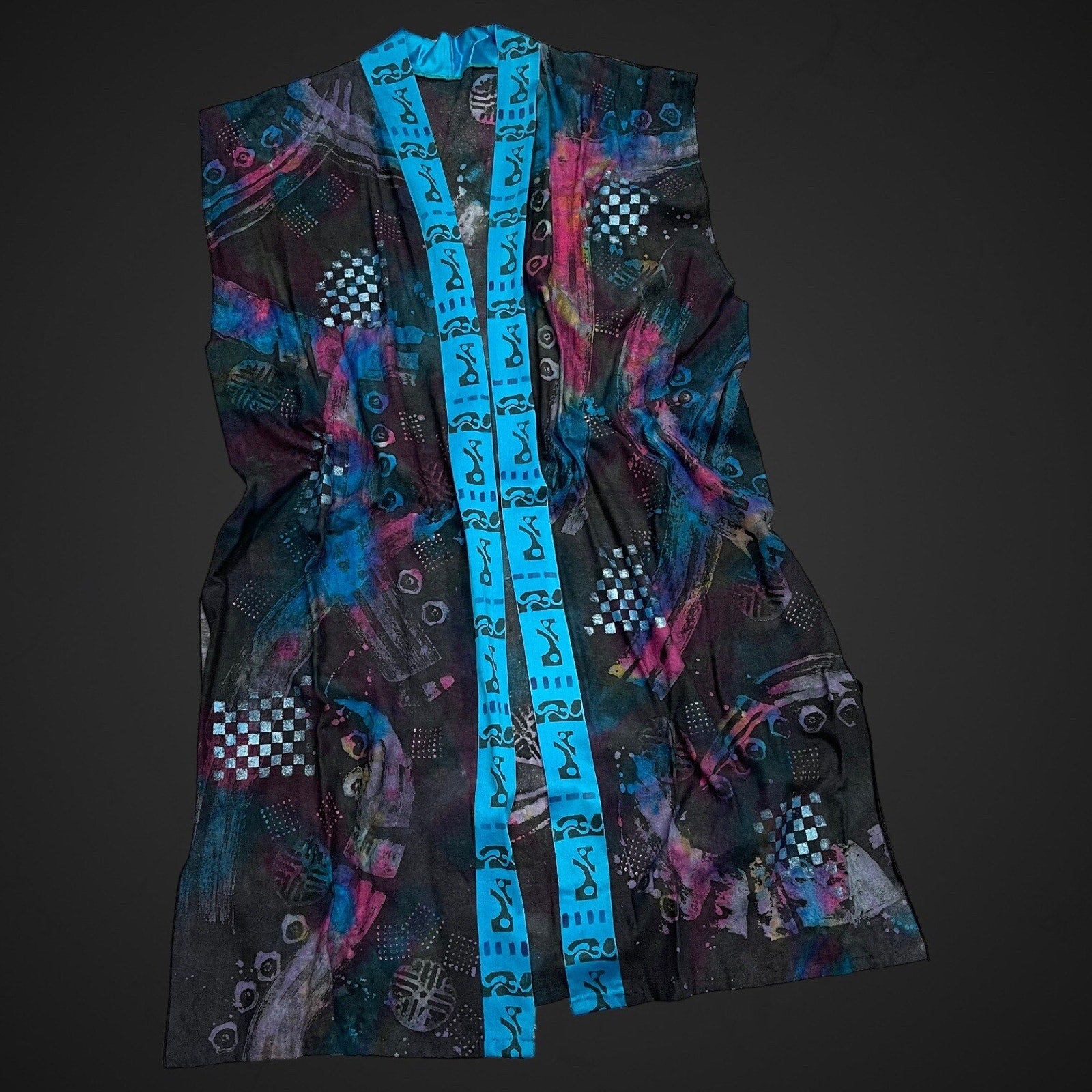 One Of A Kind Hand Painted Maxi Vest Duster Kimono Style Colorful Art To Wear