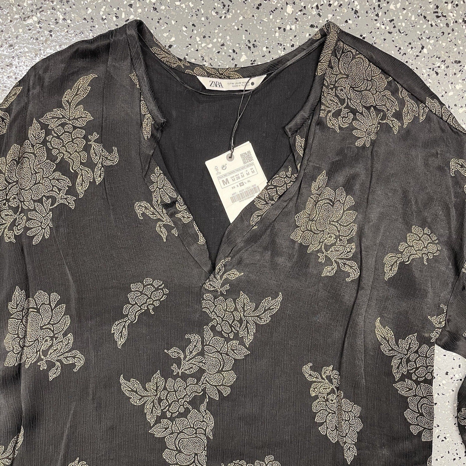 Zara Flowy Top Blouse Cupro Floral Print Black Matte Shiny Medium NWT