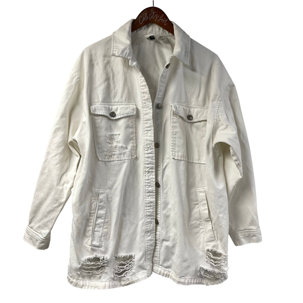 Distressed White Jean Jacket Shirt Divided by H&M Large Chore Work