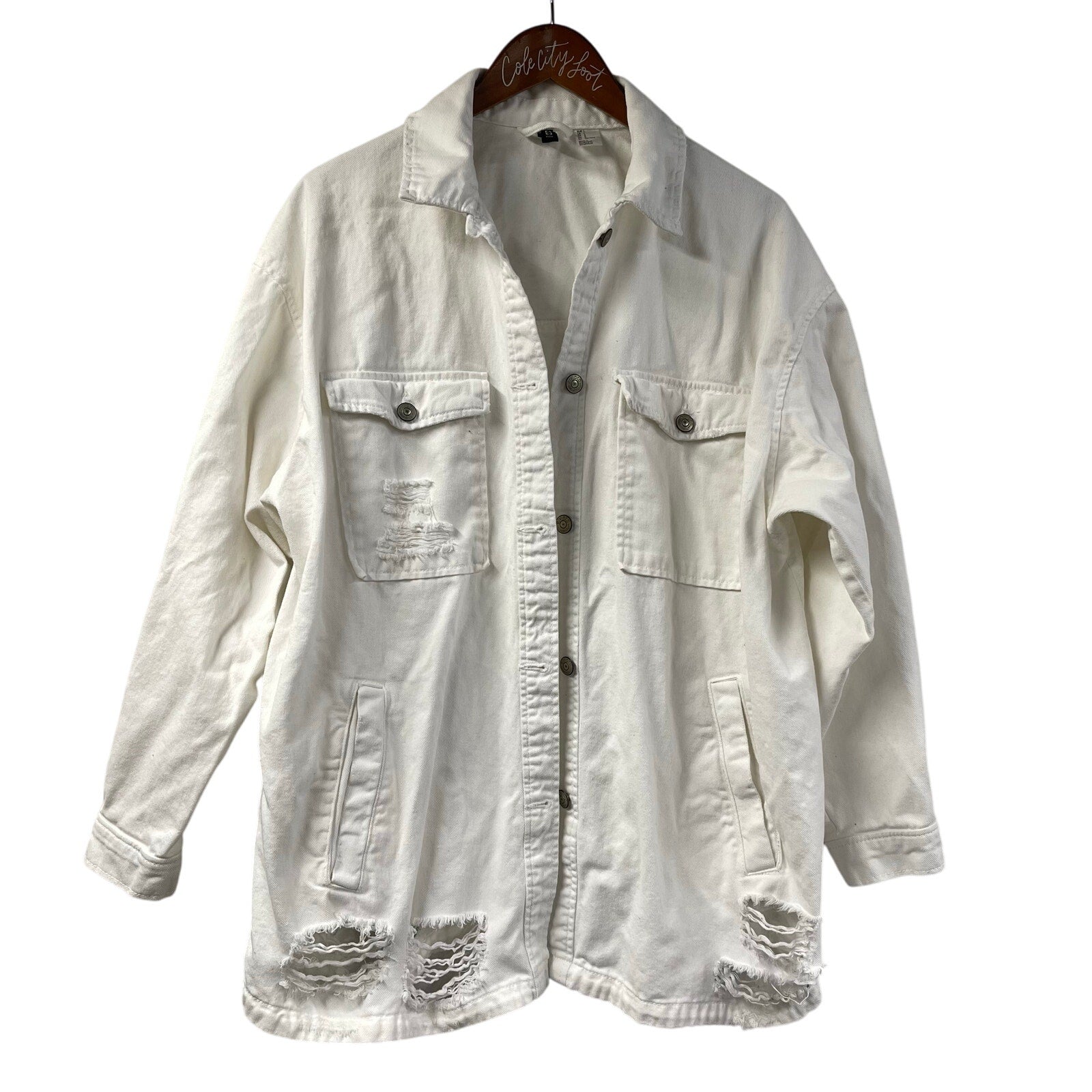 Distressed White Jean Jacket Shirt Divided by H&M Large Chore Work