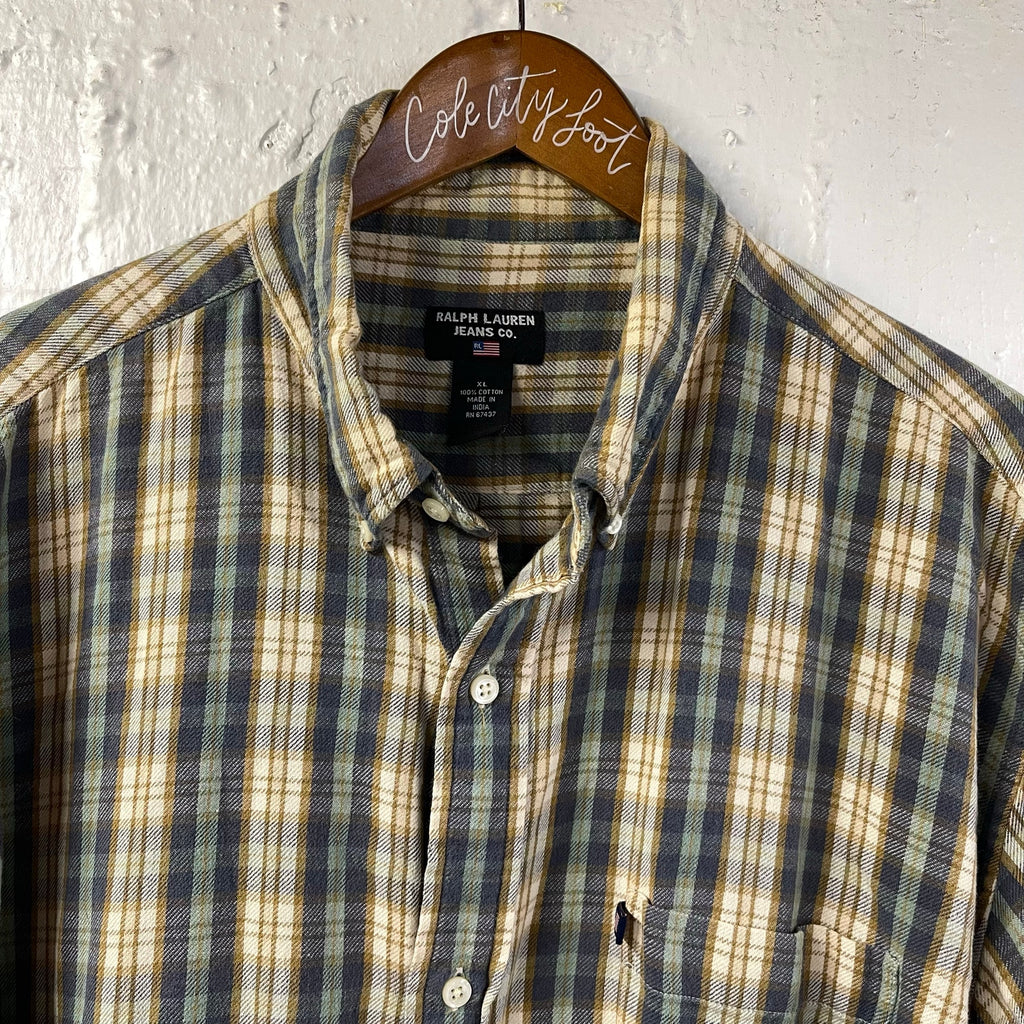 Ralph Lauren Jeans Company Plaid Long Sleeve Shirt XL Vintage 100% Cotton