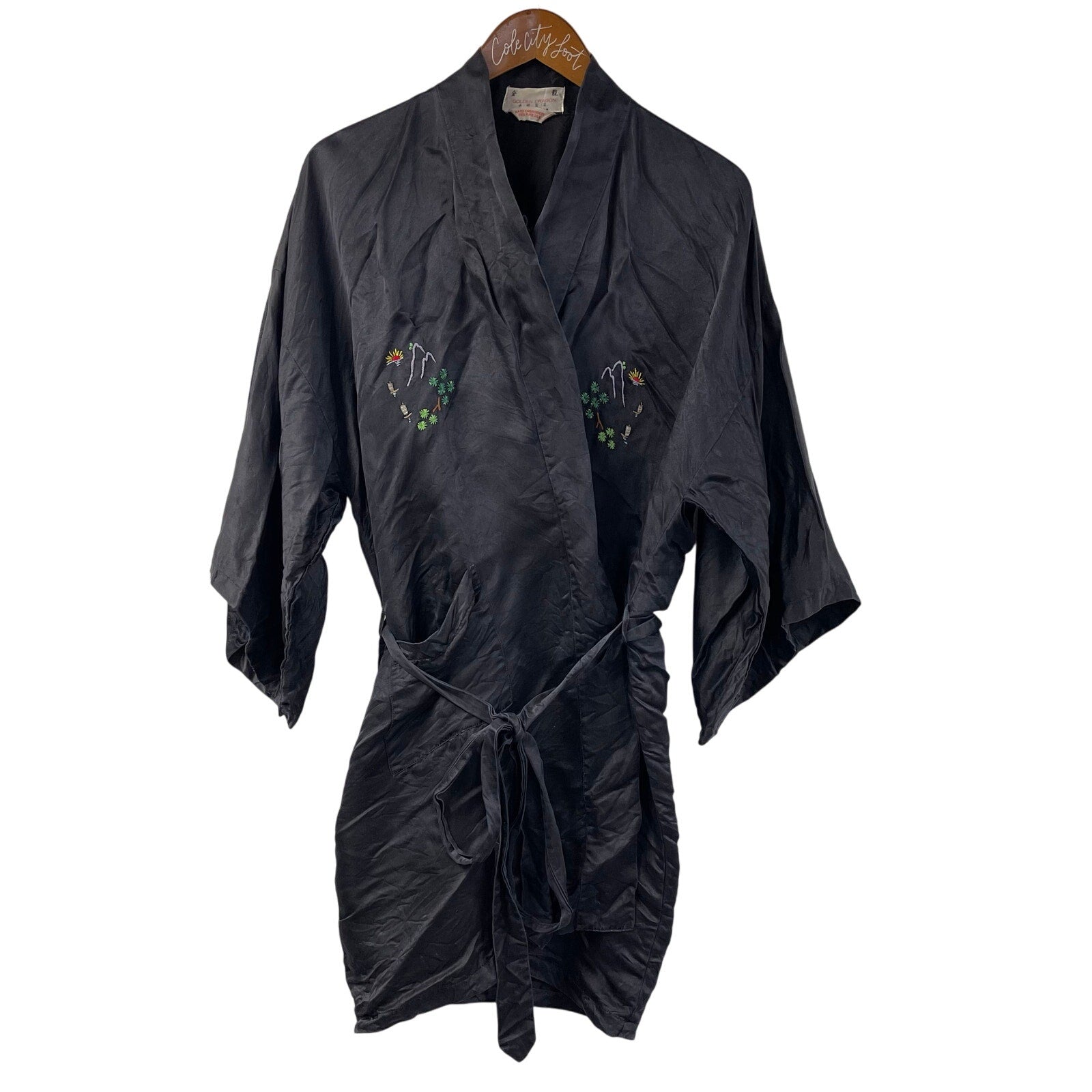 Golden Dragon Embroidered Kimono Robe Black Large Vintage Tie