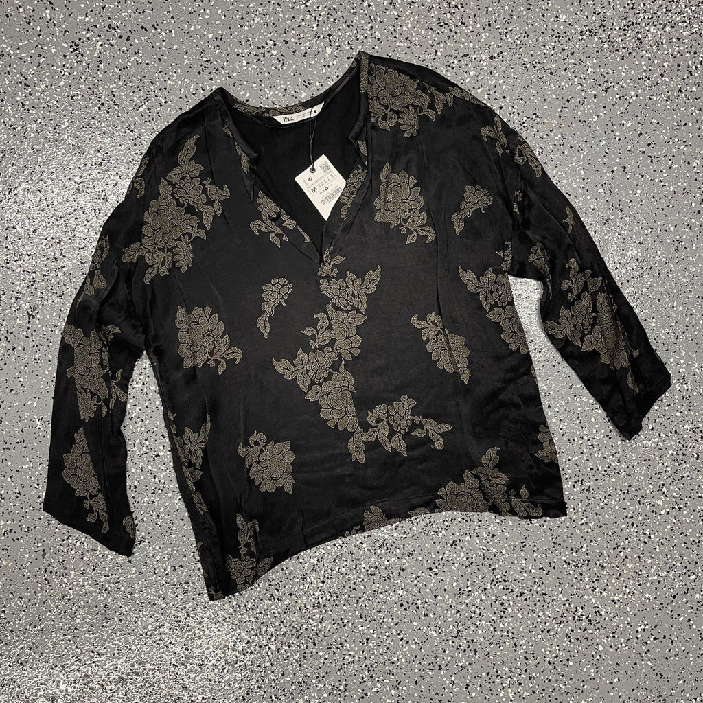 Zara Flowy Top Blouse Cupro Floral Print Black Matte Shiny Medium NWT
