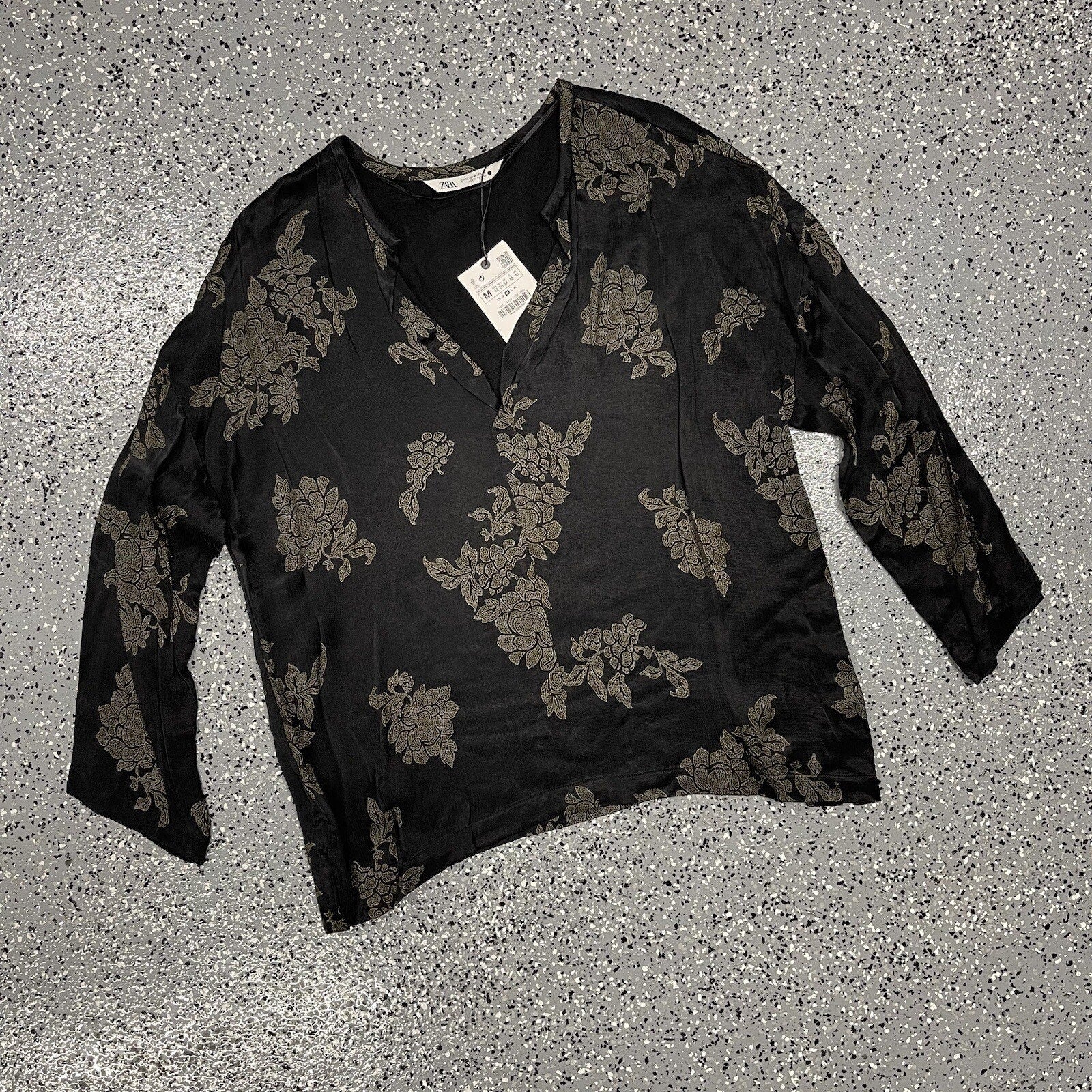 Zara Flowy Top Blouse Cupro Floral Print Black Matte Shiny Medium NWT