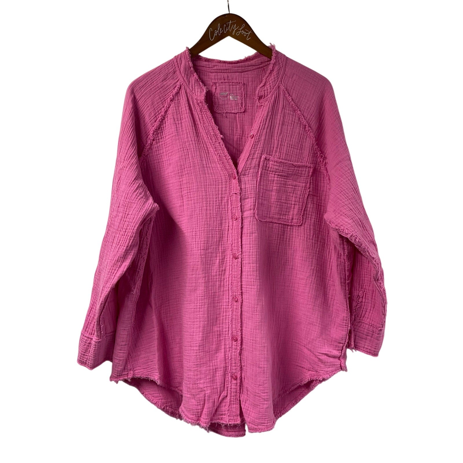 Aerie Gauzy Pink Oversized Shirt Medium Raw Hem