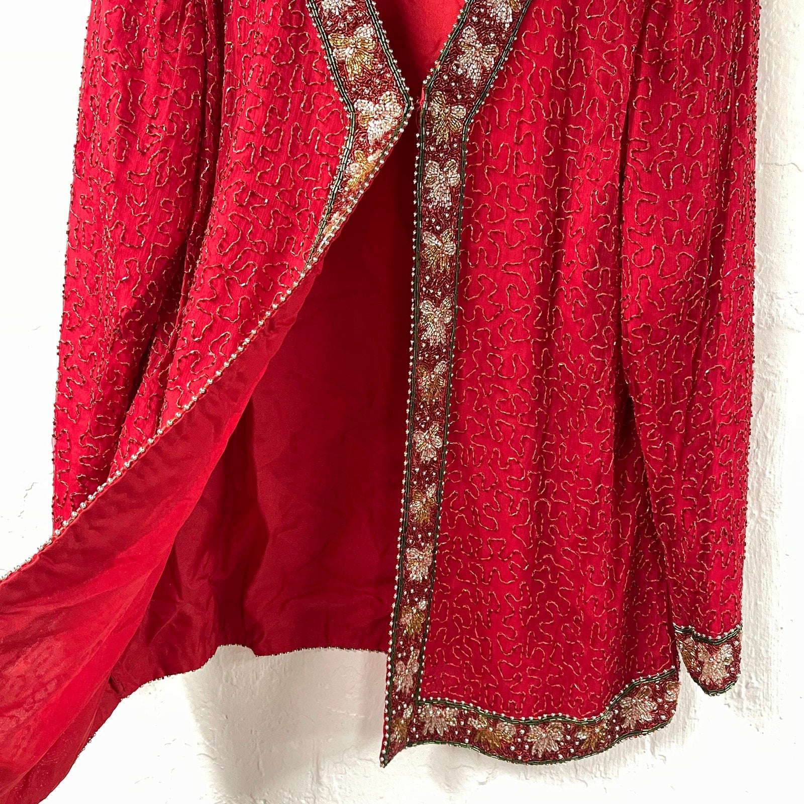 Laurence Kazar New York Red Beaded Jacket Christmas Bows 1X Silk