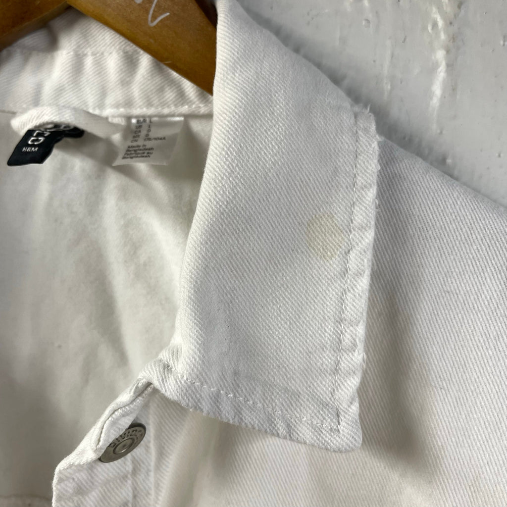 Distressed White Jean Jacket Shirt Divided by H&M Large Chore Work