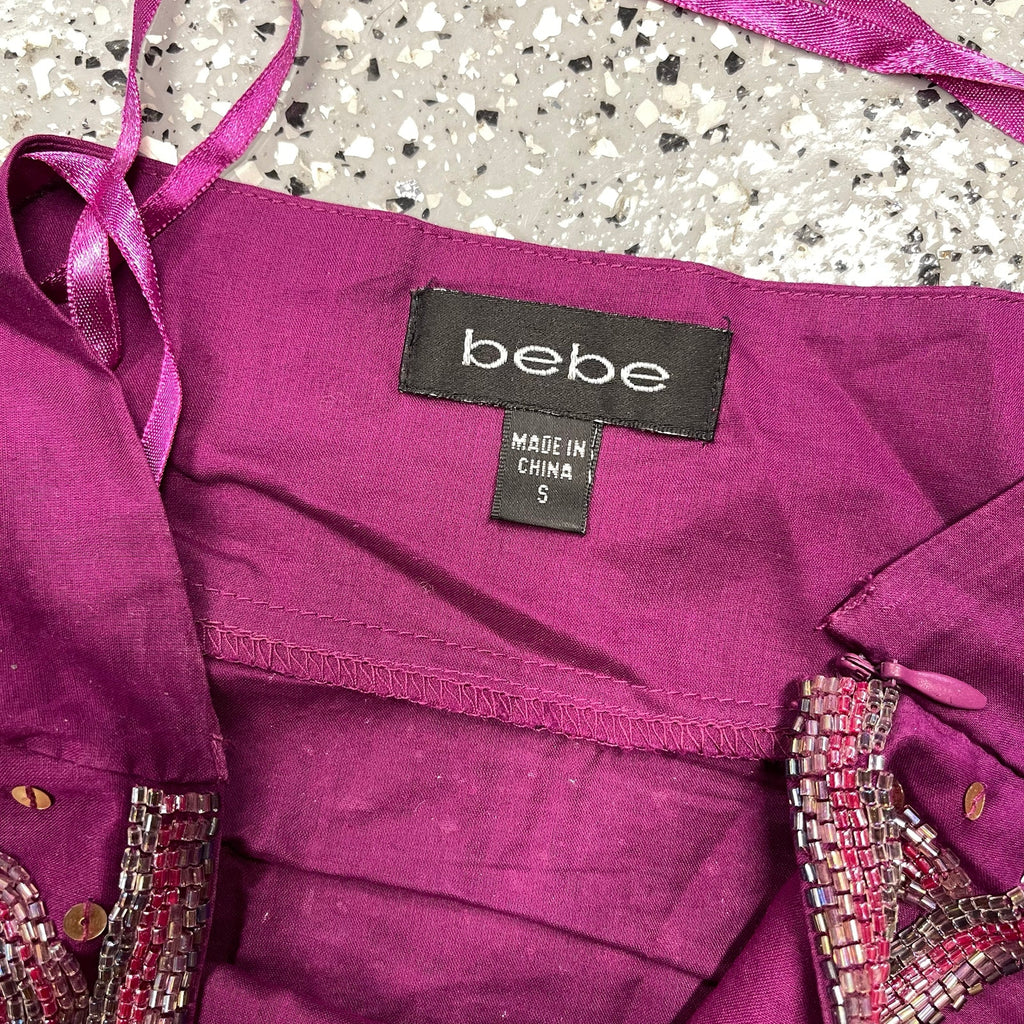 bebe beaded going out top halter purple handkerchief hem small vintage