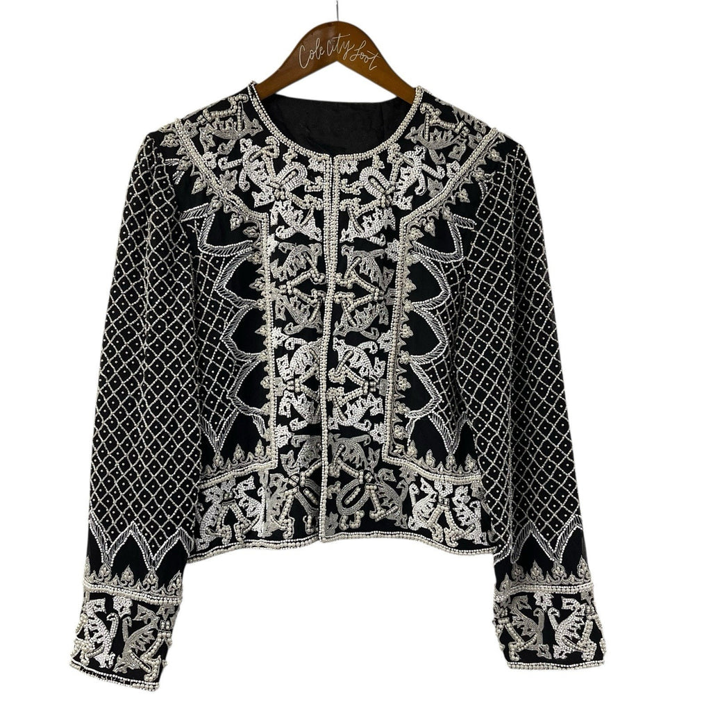 Black And White Beaded Jacket Vintage Party Top Heavy Elegant